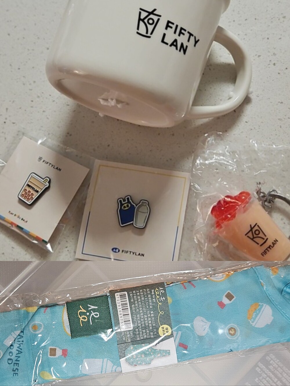 5 Fifty Lan Koi Bubble Tea Boba Taiwain Franchise White Mug, Keychain, 2 Pin